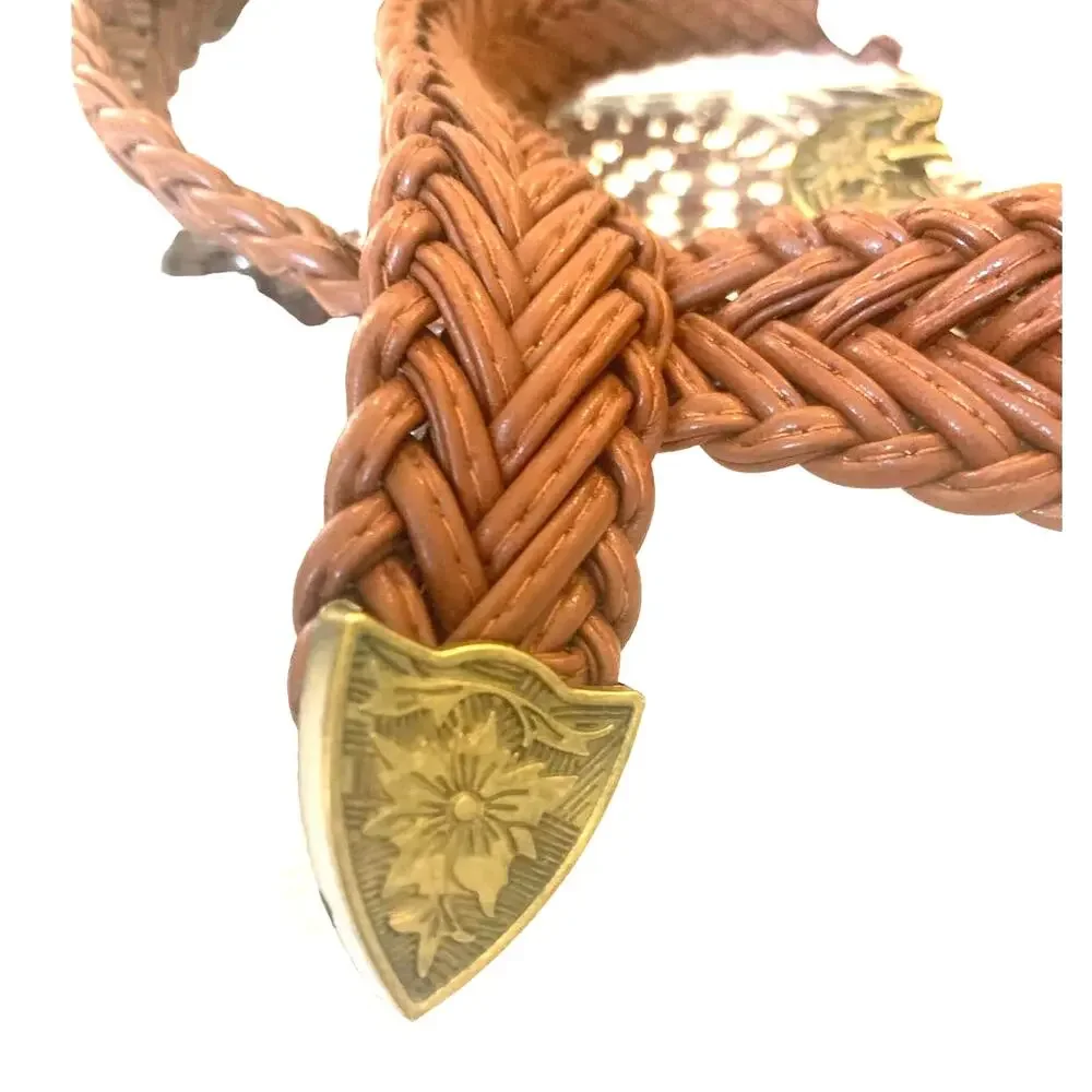Womens Braided Faux Leather Belt Brown Western Brass Buckle Cowgirl Chic